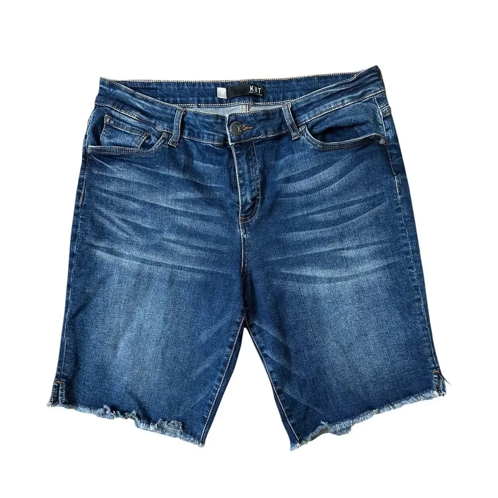 Kut from the Kloth Natalie Bermuda Shorts Women's 14 Medium Wash Raw Hem Denim - Picture 2 of 5